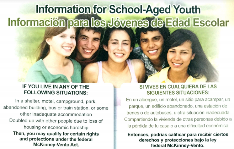 McKinney-Vento information for school-aged youth in English and Spanish